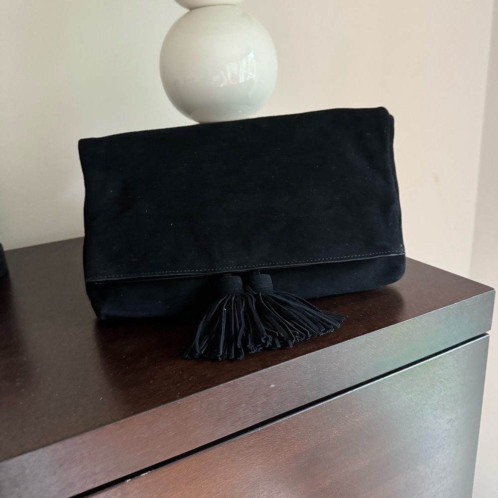 Ann Taylor Black Suede Foldable Clutch with Tassel.